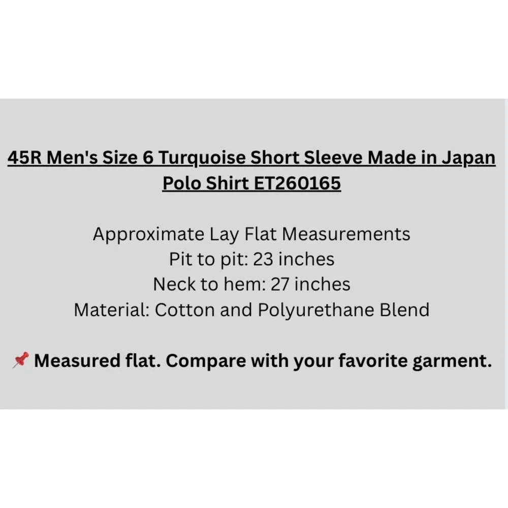 45R Men's Size 6 Turquoise Short Sleeve Made in Japan Polo Shirt - Picture 8 of 9